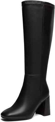 Women's Knee High Boots Faux Leather Square To Tall Boots Fashion Chunky Block Heel Long Boots with Side Zip in Saudi Arabia
