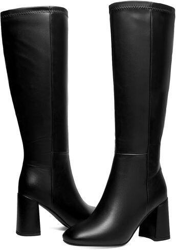 Women's Knee High Boots Faux Leather Square To Tall Boots Fashion Chunky Block Heel Long Boots with Side Zip in Saudi Arabia
