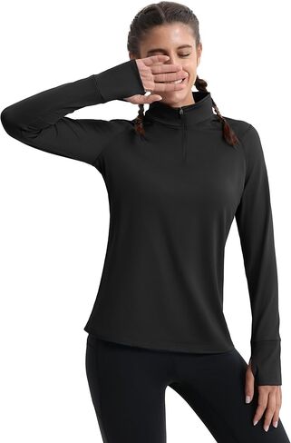MAGCOMSEN Women's Running Shirts Quarter Zip Fleece Pullover Long Sleeve Thumb Hole Tee Athletic Workout Tops in Kuwait