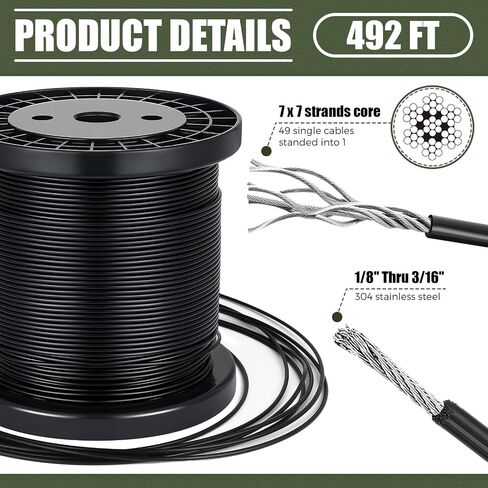 492 Feet 304 Stainless Steel Vinyl Coated Wire Rope Black 1/16 Inch Overmolded to 3/32 Inch, with Cutter 7x7 Strands for Globe String Lights Hanging Clotheslines Outdoor Light Guide Wire in Saudi Arabia