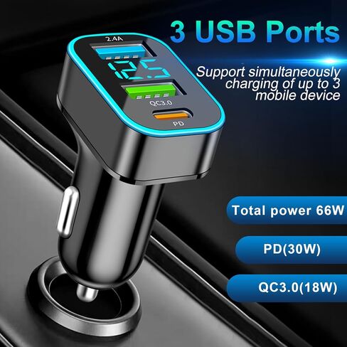 شاحن سيارة USB 66 وات، 30 وات PD 18 وات QC3.0، محول شحن هاتف السيارة مع 3 منافذ مع الفولتميتر LED، شاحن USB ولاعة السجائر، شاحن سيارة سريع متوافق مع iPhone 15promax 14 13 12 iPad Samsung S24 S23 in Kuwait