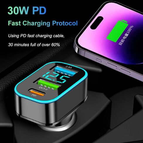شاحن سيارة USB 66 وات، 30 وات PD 18 وات QC3.0، محول شحن هاتف السيارة مع 3 منافذ مع الفولتميتر LED، شاحن USB ولاعة السجائر، شاحن سيارة سريع متوافق مع iPhone 15promax 14 13 12 iPad Samsung S24 S23 in Kuwait
