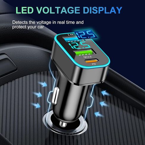شاحن سيارة USB 66 وات، 30 وات PD 18 وات QC3.0، محول شحن هاتف السيارة مع 3 منافذ مع الفولتميتر LED، شاحن USB ولاعة السجائر، شاحن سيارة سريع متوافق مع iPhone 15promax 14 13 12 iPad Samsung S24 S23 in Kuwait