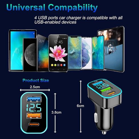 شاحن سيارة USB 66 وات، 30 وات PD 18 وات QC3.0، محول شحن هاتف السيارة مع 3 منافذ مع الفولتميتر LED، شاحن USB ولاعة السجائر، شاحن سيارة سريع متوافق مع iPhone 15promax 14 13 12 iPad Samsung S24 S23 in Kuwait