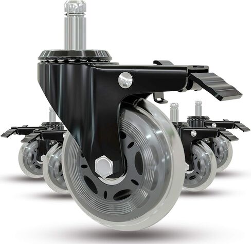 عجلات كرسي مكتب Casoter 3 بوصات مع استبدال الفرامل 5 قطع، مجموعة عجلات دوارة شفافة بقفل مزدوج من الفولاذ المقاوم للصدأ تتحرك بأمان لجميع الأرضيات مع جذع مناسب عالمي 11 مم سعة تحميل 440 رطل in Kuwait