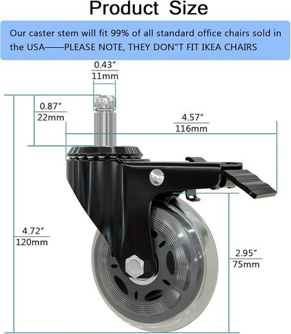عجلات كرسي مكتب Casoter 3 بوصات مع استبدال الفرامل 5 قطع، مجموعة عجلات دوارة شفافة بقفل مزدوج من الفولاذ المقاوم للصدأ تتحرك بأمان لجميع الأرضيات مع جذع مناسب عالمي 11 مم سعة تحميل 440 رطل in Kuwait