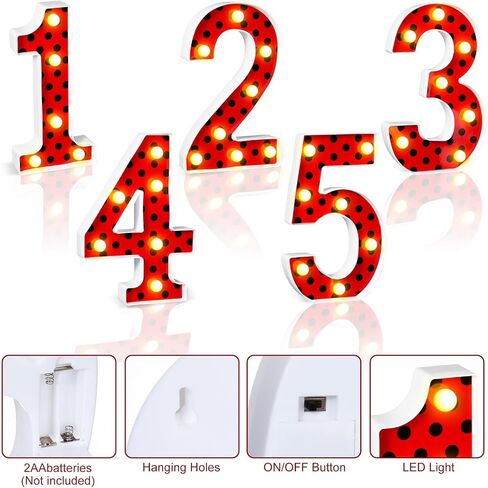 Havawish Ladybug Birthday Party Decoration Decorative LED Numbers Ladybug Theme Red Black Polka Dot Marquee Digital Lights for Ladybug Theme Party Supplies Birthday Party Table Centerpieces(2) in Saudi Arabia