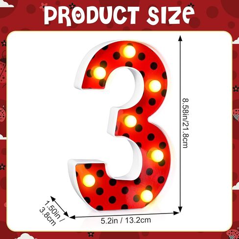 Havawish Ladybug Birthday Party Decoration Decorative LED Numbers Ladybug Theme Red Black Polka Dot Marquee Digital Lights for Ladybug Theme Party Supplies Birthday Party Table Centerpieces(2) in Saudi Arabia