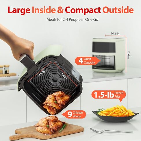 Air Fryer,Beelicious® 8-in-1 Smart Compact 4QT Air Fryers,with Viewing Window,Shake Reminder,450°F Digital Airfryer with Flavor-Lock Tech,Dishwasher-Safe & Nonstick,Fit for 1-3 People,Avo Green in Kuwait