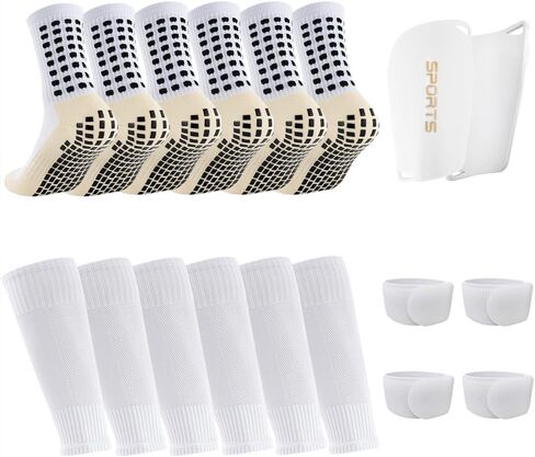 3 Pairs Mens Grip Soccer Socks, 3 Pairs Shin Sleeves with 1 Pack Shin Guards and 4 Shin Straps, Soccer Football Game Set 11 Pcs (White) in Saudi Arabia