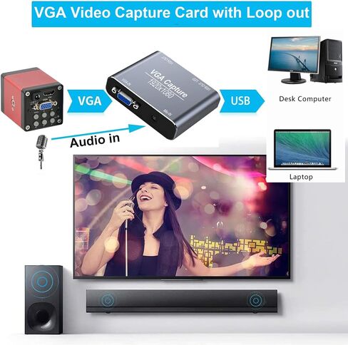 بطاقة التقاط VGA، جهاز التقاط VGA إلى USB مع حلقة VGA، ومدخل ميكروفون يدعم فيديو HD 720P للألعاب، والبث، والتدريس، ومؤتمرات الفيديو، والبث المباشر in Saudi Arabia