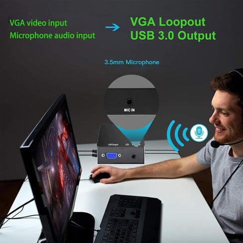 بطاقة التقاط VGA، جهاز التقاط VGA إلى USB مع حلقة VGA، ومدخل ميكروفون يدعم فيديو HD 720P للألعاب، والبث، والتدريس، ومؤتمرات الفيديو، والبث المباشر in Saudi Arabia
