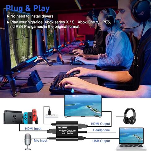 بطاقة التقاط HDMI، بطاقة التقاط فيديو HDMI مع حلقة للخارج، مسجل فيديو صوتي لبطاقة التقاط HDMI 4K إلى USB للألعاب/البث المباشر/مؤتمر الفيديو، متوافق مع نينتندو سويتش/PS4/PS5/Xbox One in Kuwait