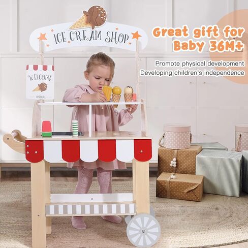 عربة آيس كريم خشبية للأطفال من لابيب، شاحنة آيس كريم للأطفال الصغار، حامل لعب تظاهري للأطفال بعمر 3-8 سنوات، عربة لعب الآيس كريم للأطفال مع سبورة سوداء، جرس حلقي، مصاصة ثلج لعمر 36 شهرًا+ بنات وأولاد in Kuwait