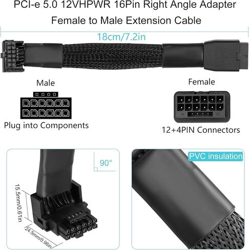 GELRHONR PCI-e 5.0 12VHPWR 90 درجة 16Pin (12+4) كابل تمديد أنثى إلى ذكر لـ RTX 4070 4080 4090 4070Ti 4080Ti بطاقة الرسومات GPU-5.3in (النوع B) in Saudi Arabia