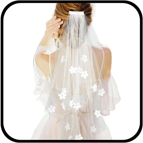 Urieo Floral Bride Veils White Tulle Wedding Veil With Comb Bachelorette Party Short Hair Accessories for Women and Girls in Saudi Arabia