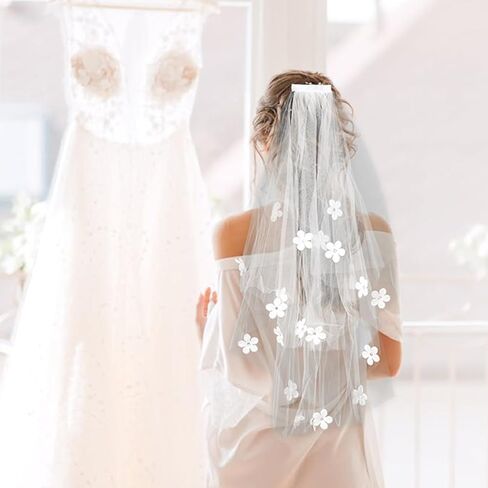 Urieo Floral Bride Veils White Tulle Wedding Veil With Comb Bachelorette Party Short Hair Accessories for Women and Girls in Saudi Arabia