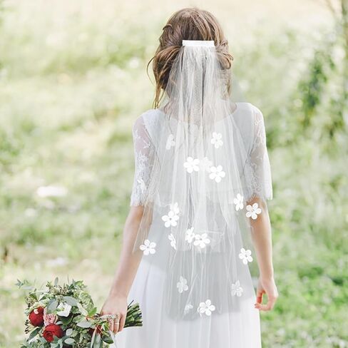 Urieo Floral Bride Veils White Tulle Wedding Veil With Comb Bachelorette Party Short Hair Accessories for Women and Girls in Saudi Arabia