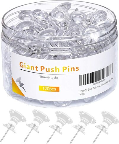 120 PCS Gaint Push Pins, 1 Inch, Clear Thumb Tacks, Steel Point and Plastic Head, Large Thumbtacks for Bulletin Board Cork Board, Clear Push pins for Wall in Kuwait