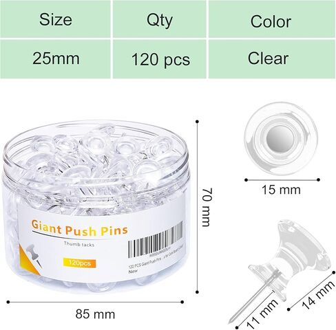 120 PCS Gaint Push Pins, 1 Inch, Clear Thumb Tacks, Steel Point and Plastic Head, Large Thumbtacks for Bulletin Board Cork Board, Clear Push pins for Wall in Kuwait
