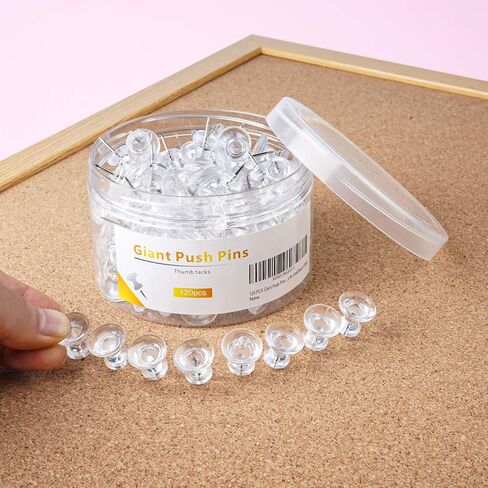 120 PCS Gaint Push Pins, 1 Inch, Clear Thumb Tacks, Steel Point and Plastic Head, Large Thumbtacks for Bulletin Board Cork Board, Clear Push pins for Wall in Kuwait
