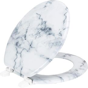 مقعد مرحاض خشبي من PREMIUS، دائري قياسي، 17 بوصة، تصميم أنيق مطبوع عليه رخامي، مادة خشب MDF متينة، مفصلات بلاستيكية، مقعد مريح، تركيب سريع وسهل التنظيف (رخام بيج) in Kuwait