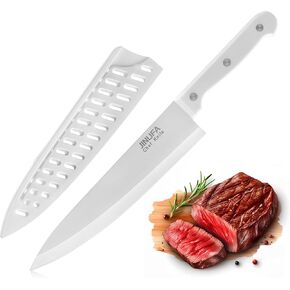 8 inch Chef Knife, Stainless Steel Kitchen Knife with Protective Knife Sheath, Ultra Sharp Slicing Knife with Ergonomic Handle, German Stainless Steel, Dishwasher Safe (White Color) in Saudi Arabia