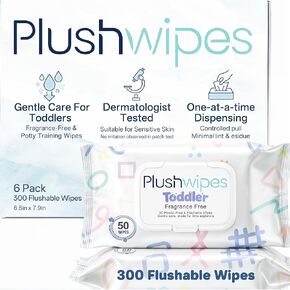 Toddler Flushable Wet Toilet Wipes for Kids, Unscented, Plant-Based, Gentle for Sensitive Skin, One at a Time Dispensing, Potty Training Wipes, Rapid Dispersal, 6 Packs (300 Count) in Saudi Arabia