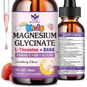 Magnesium Glycinate Drops for Kids - Relaxation & Cognition Support - 200mg Liquid Magnesium Glycinate Supplement with L-Theanine, GABA, B6, D3, K2 - Sugar Free, Strawberry Flavor - 1 Fl Oz (2 Pack) in Kuwait