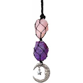 Moon Crystal Car Hanging Ornament with Amethyst & Rose Quartz – Purple Rearview Mirror Charm, Boho Witchy Car Decor for Women, Spiritual Hanging Accessory for Vehicle Interior in Saudi Arabia