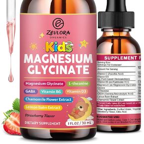 Magnesium Glycinate Drops for Kids - 200mg Magnesium Glycinate Liquid Supplement with L-Theanine, GABA, B6, D3, Chamomile - Relaxation & Cognition Support - Strawberry Flavor - 1 Fl Oz in Saudi Arabia