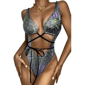 ملابس سباحة نسائية من قطعة واحدة، ملابس سباحة مثيرة من جلد الثعبان مزيّنة بالترتر ومونوكيني مقصوصة بأرجل عالية وحمالات رفيعة in Kuwait