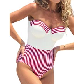FLAXMAKER Women's Retro One Piece Bandeau Striped Bathing Suit with Adjustable Strap Swimsuit and Skirt in Saudi Arabia