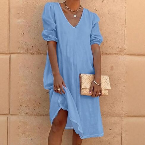 Women's Sky Blue V-Neck Puff Sleeve Midi Dress, Casual Linen Dress in Saudi Arabia