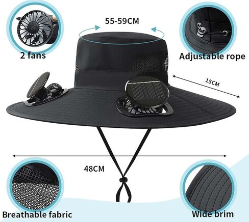 Solar Fan Hat, Hat with Fans Solar Power, Wide Brim Sun Hat, with 2 Fans, for Hiking, Fishing, Gardening Black in Saudi Arabia