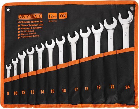 مجموعة مفاتيح ربط مكونة من 12 قطعة، مجموعة مفاتيح ربط مترية 8 مم - 24 مم، مجموعات مفاتيح مجمعة مع حقيبة تخزين قماش أكسفورد للمنزل، المرآب، إصلاح السيارات والاستخدام في حالات الطوارئ - صنع في الهند in Kuwait