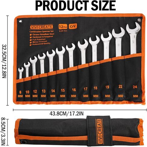 مجموعة مفاتيح ربط مكونة من 12 قطعة، مجموعة مفاتيح ربط مترية 8 مم - 24 مم، مجموعات مفاتيح مجمعة مع حقيبة تخزين قماش أكسفورد للمنزل، المرآب، إصلاح السيارات والاستخدام في حالات الطوارئ - صنع في الهند in Kuwait