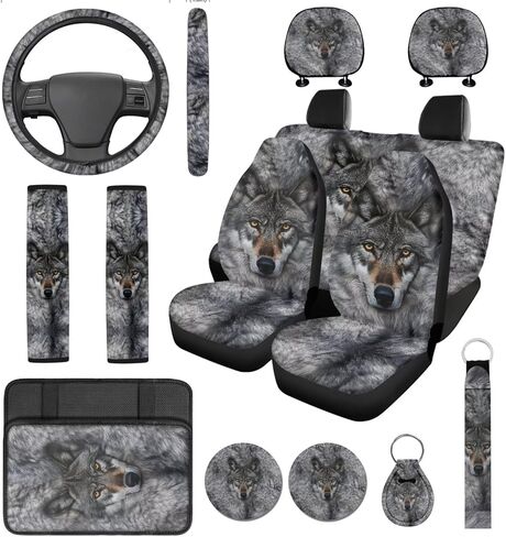14 Pcs Tiger Print Car Seat Cover Set Auto Steering Wheel Cover Armrest Cushion Head Rest Protector Seat Belt Covers,Animal Print Yellow Automotive Interior Sets Unverisal Fit Cars SUV Turcks in Saudi Arabia