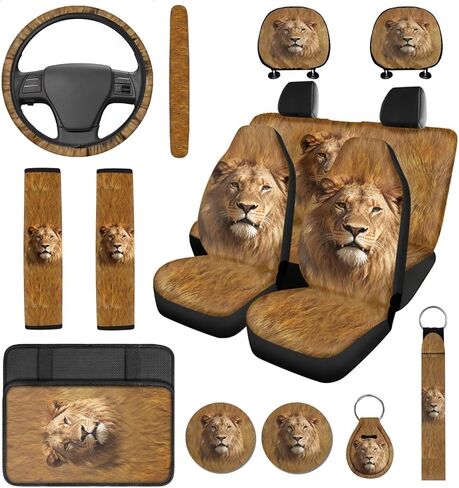 14 Pcs Tiger Print Car Seat Cover Set Auto Steering Wheel Cover Armrest Cushion Head Rest Protector Seat Belt Covers,Animal Print Yellow Automotive Interior Sets Unverisal Fit Cars SUV Turcks in Saudi Arabia