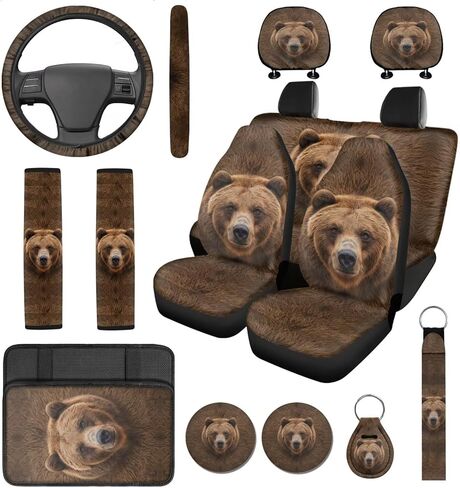 14 Pcs Tiger Print Car Seat Cover Set Auto Steering Wheel Cover Armrest Cushion Head Rest Protector Seat Belt Covers,Animal Print Yellow Automotive Interior Sets Unverisal Fit Cars SUV Turcks in Saudi Arabia