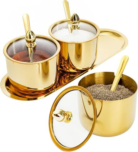 Hedume Set of 3 Grids 304 Stainless Steel Seasoning Containers with Glass Lid Spoon and Tray, 11 oz Gold Condiment Jar Spice Container, Condiment Canisters Pots for Serving Sugar, Pepper, Salt, Candy in Saudi Arabia