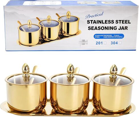 Hedume Set of 3 Grids 304 Stainless Steel Seasoning Containers with Glass Lid Spoon and Tray, 11 oz Gold Condiment Jar Spice Container, Condiment Canisters Pots for Serving Sugar, Pepper, Salt, Candy in Saudi Arabia