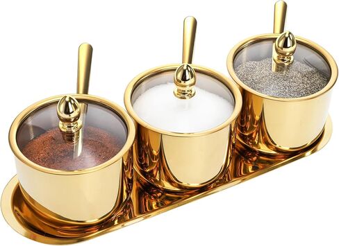 Hedume Set of 3 Grids 304 Stainless Steel Seasoning Containers with Glass Lid Spoon and Tray, 11 oz Gold Condiment Jar Spice Container, Condiment Canisters Pots for Serving Sugar, Pepper, Salt, Candy in Saudi Arabia