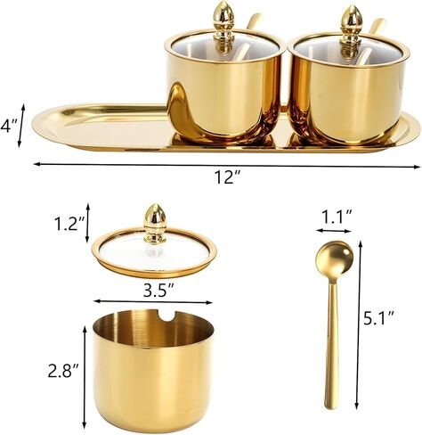 Hedume Set of 3 Grids 304 Stainless Steel Seasoning Containers with Glass Lid Spoon and Tray, 11 oz Gold Condiment Jar Spice Container, Condiment Canisters Pots for Serving Sugar, Pepper, Salt, Candy in Saudi Arabia