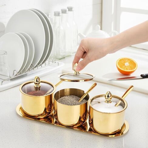 Hedume Set of 3 Grids 304 Stainless Steel Seasoning Containers with Glass Lid Spoon and Tray, 11 oz Gold Condiment Jar Spice Container, Condiment Canisters Pots for Serving Sugar, Pepper, Salt, Candy in Saudi Arabia