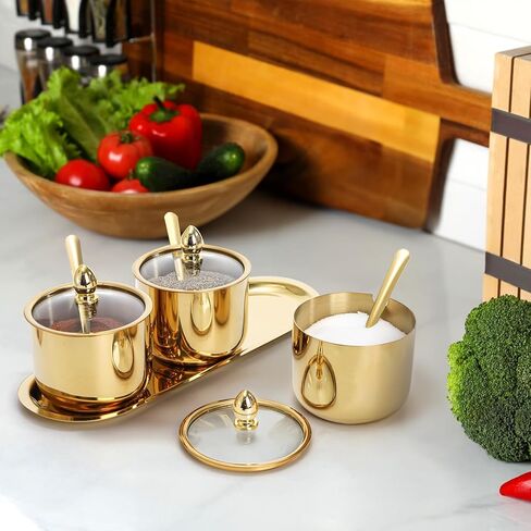 Hedume Set of 3 Grids 304 Stainless Steel Seasoning Containers with Glass Lid Spoon and Tray, 11 oz Gold Condiment Jar Spice Container, Condiment Canisters Pots for Serving Sugar, Pepper, Salt, Candy in Saudi Arabia
