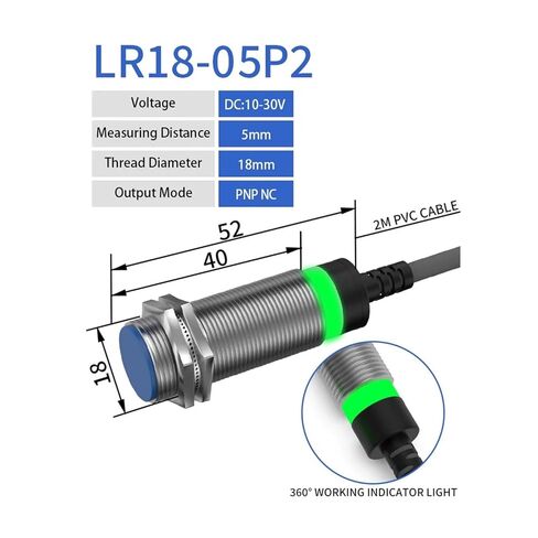 M18 Series Industrial Proximity Switch Sensor, Non-Contact Distance 5mm 8mm NPN PNP 12-24V Non-Flush/Flush, 1pc(5mm DC 3-Wire PNP NC) in Saudi Arabia