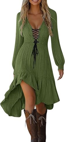 Lmdudan Western Cowgirl Dress for Women Irregualr Hem Long Sleeve Deep V Neck Beach Dress Boho Holiday Party Sundresses in Saudi Arabia