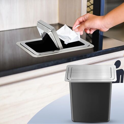 2.6 Gallon / 10 Lite Drop in Countertop Trash Can Built in Embedded Hidden Garbage Bin with Swing Top Lid Square Stainless Steel Recessed Waste Chute for Kitchen Office Restaurant Office Home Hotel in Saudi Arabia