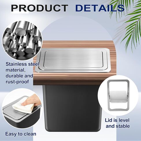 2.6 Gallon / 10 Lite Drop in Countertop Trash Can Built in Embedded Hidden Garbage Bin with Swing Top Lid Square Stainless Steel Recessed Waste Chute for Kitchen Office Restaurant Office Home Hotel in Saudi Arabia